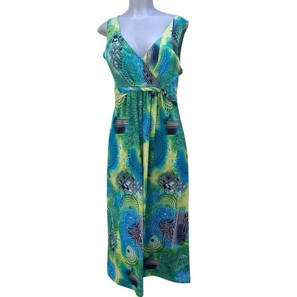 Maxi Dress Women's Medium Blue Green Abstract Mix Print Surplice Neck Sleeveless - Picture 2 of 14